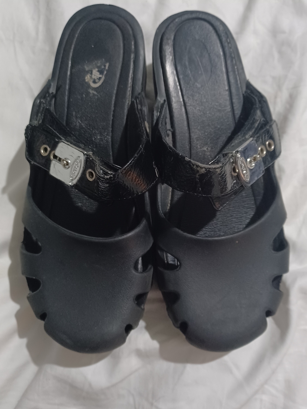 Dr. Scholl's Black Slip-On Clogs with Patent-Look Strap
